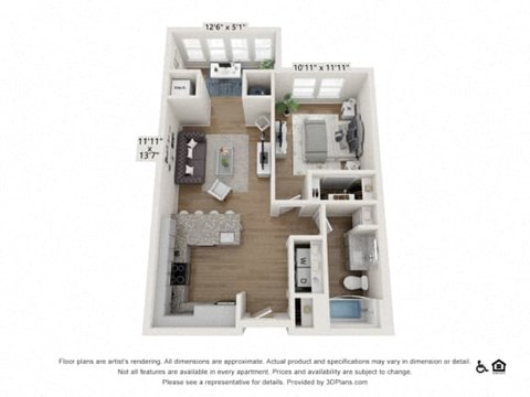 Floor plan for 1 bed, 1 bath, 768 sqft